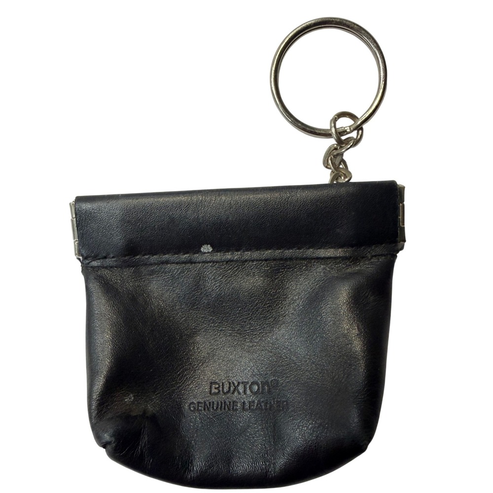 Buxton Black Genuine Leather Squeeze Frame Coin Pouch Keychain Small Wallet